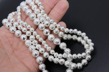 Silver Plated Lava Rock Beads, Metallic Textured Beads BS #42, sizes 6 mm 8 mm 10 mm in 15.5 inch Strands